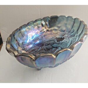Vintage Indiana Carnival Large Glass Footed Harvest Fruit Bowl Iridescent Blue